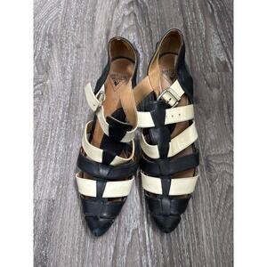 John Fluevog Black Cream Leather Cage Wedge Sandals Pointed Toe Womens 6 Peru